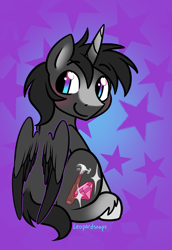 Size: 1668x2424 | Tagged: safe, artist:leopardsnaps, oc, oc only, oc:crystal nightshine, species:alicorn, species:pony, abstract background, alicorn oc, alicornified, blaze (coat marking), coat markings, colored hooves, gradient hooves, gradient horn, hooves, looking at you, looking over shoulder, male, race swap, sitting, solo, stallion, unshorn fetlocks