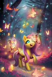Size: 1800x2700 | Tagged: safe, artist:allegrenix, character:fluttershy, species:pegasus, species:pony, g4, bioluminescent, butterfly, cute, female, folded wings, forest, full moon, happy, high res, looking at something, looking up, mare, moon, night, open mouth, open smile, outdoors, raised hoof, shyabetes, smiling, solo, tree, wings