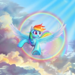 Size: 2400x2381 | Tagged: safe, artist:allegrenix, character:rainbow dash, species:pegasus, species:pony, g4, cloud, crepuscular rays, female, flying, frog (hoof), high res, hooves, mare, open mouth, open smile, rainbow, sky, smiling, solo, sonic rainboom, spread wings, underhoof, wings