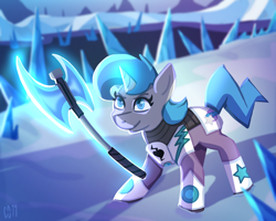 Size: 1500x1200 | Tagged: safe, artist:cnv99, oc, oc only, oc:tango starfall, species:pony, species:unicorn, armor, axe, battle axe, blue eyes, blue mane, epic, female, fight, gray coat, laser, laser axe, mare, science fiction, smiling, solo, weapon