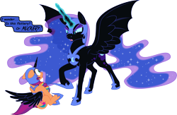 Size: 3216x2096 | Tagged: safe, artist:grypher, derpibooru original, character:nightmare moon, character:princess luna, character:sunny starscout, species:alicorn, species:earth pony, species:pony, g4, g5, armor, clothing, cosplay, costume, dialogue, duo, ethereal mane, female, floppy ears, g5 to g4, galaxy mane, generation leap, glowing horn, helmet, high res, holiday, hoof shoes, horn, jewelry, looking at each other, looking at someone, magic, magic aura, mane stripe sunny, mare, mlp fim's thirteenth anniversary, necklace, nightmare moon armor, nightmare night, nightmare night costume, nightmare sunny, peytral, raised hoof, shoes, simple background, sitting, speech bubble, spread wings, starry tail, tail, telekinesis, text, this will end in death, this will end in tears, this will end in tears and/or death, transparent background, wings