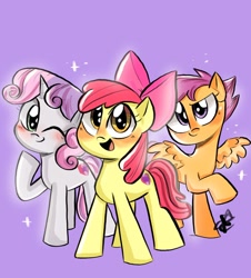 Size: 1238x1368 | Tagged: safe, artist:mariart.corner, character:apple bloom, character:scootaloo, character:sweetie belle, species:earth pony, species:pegasus, species:pony, species:unicorn, g4, adorabloom, apple bloom's bow, apple family member, blushing, bow, cute, cutealoo, cutie mark, cutie mark crusaders, diasweetes, digital art, female, filly, foal, hair bow, horn, looking at you, one eye closed, open mouth, open smile, purple background, raised hoof, signature, simple background, smiling, smiling at you, spread wings, the cmc's cutie marks, three quarter view, trio, trio female, wings, wink, winking at you, young