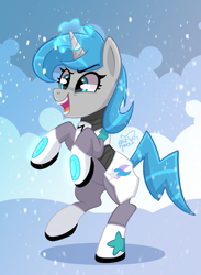 Size: 2299x3147 | Tagged: safe, artist:wizard hat, oc, oc only, oc:tango starfall, species:pony, species:unicorn, armor, cute, excited, female, magic, mare, rearing, smiling, snow, snowfall, solo