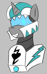 Size: 243x381 | Tagged: safe, artist:vareb, oc, oc only, oc:tango starfall, species:pony, species:unicorn, armor, clothing, confident, female, gray background, happy, hat, head only, head shot, helmet, mare, science fiction, simple background, smiling, solo, visor