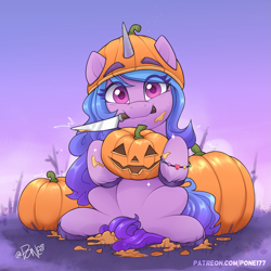 Size: 2035x2035 | Tagged: safe, artist:pone177, artist:rivin177, character:izzy moonbow, species:pony, species:unicorn, g5, belly, bracelet, carving, clothing, cute, eye clipping through hair, female, food, friendship bracelet, gradient hair, halloween, hat, high res, holding, holiday, horn, izzybetes, jack-o-lantern, jewelry, knife, looking at you, mare, messy, mouth hold, multicolored hair, pumpkin, signature, sitting, smiling, smiling at you, solo, unshorn fetlocks, weapon