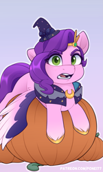 Size: 1355x2260 | Tagged: safe, artist:pone177, artist:rivin177, character:pipp petals, species:pegasus, species:pony, g5, adorapipp, clothing, colored eyebrows, cute, diadem, eyebrows, female, food, halloween, hat, holiday, jewelry, looking at you, mare, mine!, open mouth, outline, pipp is small, pipp wings, possessive, pumpkin, regalia, solo, unshorn fetlocks, white outline, wings, witch hat