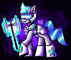 Size: 2129x1800 | Tagged: safe, artist:a.lt opal, oc, oc only, oc:tango starfall, species:pony, species:unicorn, armor, axe, battle axe, blue tail, female, gray coat, helmet, laser axe, mare, science fiction, smiling, solo, tail, weapon