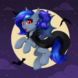 Size: 4000x4000 | Tagged: safe, artist:confetticakez, oc, oc only, oc:lunar aurora, species:bat, species:bat pony, species:pony, absurd resolution, bat ears, bat pony oc, bat wings, cape, clothing, cloud, commission, fangs, female, flying, full moon, looking at you, mare, moon, night, night sky, open mouth, open smile, outdoors, sharp teeth, sky, slit pupils, smiling, smiling at you, solo, spread wings, stars, wings, ych result