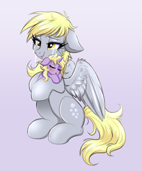 Size: 1796x2160 | Tagged: safe, artist:confetticakez, character:derpy hooves, character:dinky hooves, species:pegasus, species:pony, species:unicorn, g4, crying, daughter, duo, duo female, equestria's best mother, eyebrows, eyes closed, female, filly, floppy ears, holding, holding a pony, horn, mare, mother, mother and child, mother and daughter, open mouth, parent and child, partially open wings, simple background, sitting, sleeping, tears of joy, teary eyes, wings, young