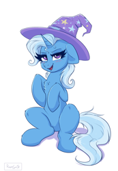 Size: 1228x1771 | Tagged: safe, artist:confetticakez, character:trixie, species:pony, species:unicorn, g4, blushing, chest fluff, clothing, cute, diatrixes, eyebrows, female, hat, horn, lidded eyes, looking at you, mare, open mouth, open smile, signature, simple background, sitting, smiling, smiling at you, solo, trixie's hat, white background, wizard hat