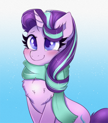 Size: 1586x1793 | Tagged: safe, artist:confetticakez, character:starlight glimmer, species:pony, species:unicorn, g4, blushing, cheek fluff, chest fluff, clothing, cute, eyebrows, female, fluffy, glimmerbetes, gradient background, horn, mare, scarf, sitting, smiling, snow, snowfall, solo