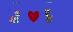 Size: 867x385 | Tagged: safe, derpibooru original, idw, character:bramble, character:ocellus, species:changeling, species:deer, pony town, g4, blue background, female, heart, male, shipping, simple background, straight