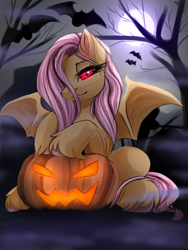 Size: 1125x1500 | Tagged: safe, artist:taiweiart, character:flutterbat, character:fluttershy, species:bat, species:bat pony, species:pony, g4, bat ponified, bat wings, female, full moon, hair over one eye, halloween, holiday, jack-o-lantern, lidded eyes, looking at you, mare, moon, night, night sky, outdoors, pumpkin, race swap, red eyes, sitting, sky, slit pupils, solo, spread wings, tree, unshorn fetlocks, wings