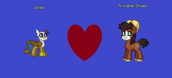 Size: 852x385 | Tagged: safe, derpibooru original, character:gilda, character:trouble shoes, species:earth pony, species:griffon, species:pony, pony town, g4, blue background, female, gildashoes, heart, interspecies, male, shipping, simple background, straight