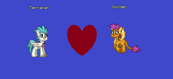 Size: 852x387 | Tagged: safe, derpibooru original, character:smolder, character:terramar, species:dragon, species:hippogriff, pony town, g4, blue background, female, heart, interspecies, male, shipping, simple background, smoldermar, straight