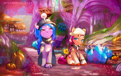 Size: 1754x1100 | Tagged: safe, artist:frank3dz, character:izzy moonbow, character:sunny starscout, species:earth pony, species:pony, species:unicorn, g5, bridlewood, clothing, colored eyebrows, crystal, duo, duo female, eyebrows, female, food, gradient hair, hat, horn, horn impalement, looking at someone, mane stripe sunny, mare, multicolored hair, open mouth, outdoors, pumpkin, scarf, scenery, scenery porn, sitting, smiling, unshorn fetlocks
