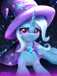 Size: 1792x2389 | Tagged: safe, artist:darksly, character:trixie, species:pony, species:unicorn, g4, brooch, cape, clothing, cute, diatrixes, female, hat, high res, horn, jewelry, looking at you, mare, signature, smiling, smiling at you, solo, trixie's brooch, trixie's cape, trixie's hat, wizard hat