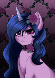 Size: 578x811 | Tagged: safe, artist:nuumia, character:izzy moonbow, species:pony, species:unicorn, g5, female, goth, goth izzy, horn, looking at you, mare, signature, solo