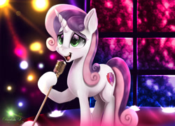 Size: 4500x3250 | Tagged: safe, artist:darksly, character:sweetie belle, species:pony, species:unicorn, g4, cute, diasweetes, ear fluff, eyebrows, female, high res, horn, mare, microphone, older, older sweetie belle, open mouth, signature, singing, solo, stage, the cmc's cutie marks