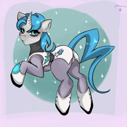 Size: 2048x2048 | Tagged: safe, artist:pinbunny, oc, oc only, oc:tango starfall, species:pony, species:unicorn, armor, blue eyes, blue mane, blue tail, blushing, cute, female, gray coat, mare, science fiction, smiling, solo, tail