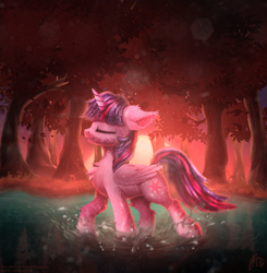 Size: 2140x2180 | Tagged: safe, artist:muggod, character:twilight sparkle, character:twilight sparkle (alicorn), species:alicorn, species:pony, g4, chest fluff, eyes closed, female, folded wings, forest, grass, high res, horn, leg fluff, mare, outdoors, reflection, signature, smiling, solo, splashing, standing in water, sun, sunrise, sunset, tree, water, wet, wings