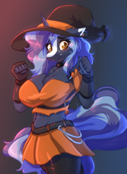Size: 2928x4000 | Tagged: safe, artist:witchtaunter, oc, oc:witching hour, species:anthro, species:pony, blushing, clothing, embarrassed, female, halloween, hat, holiday, rule 63, skirt, witch, witch hat