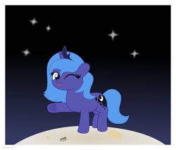 Size: 8546x7264 | Tagged: safe, artist:s-class-destroyer, character:princess luna, species:pony, g4, dark background, digital art, female, filly, filly luna, gradient background, moon, one eye closed, princess, space, stars, tongue out, vector, waving at you, wink, woona, young, younger