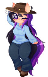 Size: 1392x2205 | Tagged: safe, artist:arwencuack, oc, oc:fila brightspark, species:anthro, species:earth pony, species:pony, clothing, female, hat, heart eyes, pants, solo, wingding eyes