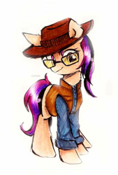 Size: 736x1086 | Tagged: safe, artist:liaaqila, oc, oc:fila brightspark, species:earth pony, species:pony, clothing, earth pony oc, female, glasses, hat, jacket, looking at you, solo, vest