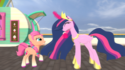 Size: 3413x1920 | Tagged: safe, character:sunny starscout, character:twilight sparkle, character:twilight sparkle (alicorn), species:alicorn, species:earth pony, species:pony, episode:the last problem, g4, g5, my little pony: friendship is magic, 3d, braid, braided ponytail, clothing, concave belly, crown, cup, drink, drinking, drinking straw, duo, ethereal mane, eyelashes, eyes closed, folded wings, glowing, glowing horn, height difference, high res, hoof shoes, horn, jewelry, long mane, long tail, magic, maretime bay, mlp fim's thirteenth anniversary, necklace, older, older twilight, outdoors, peytral, physique difference, ponytail, price list, prices, princess shoes, princess twilight 2.0, raised hoof, regalia, shoes, slim, smoothie, smoothie cart, smoothie stand, source filmmaker, sunny and her heroine, sunny's smoothie stand, tail, tall, telekinesis, thin, unshorn fetlocks, wall of tags, wings