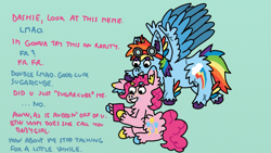 Size: 960x540 | Tagged: safe, artist:bringina, character:pinkie pie, character:rainbow dash, character:rarity, species:earth pony, species:pegasus, species:pony, comic:ohworm, ship:raripie, g4, chest fluff, coat markings, dialogue, ear fluff, flying, freckles, goggles, goggles on head, implied shipping, leg fluff, multicolored hooves, scar, ship:appledash (implied), shipping