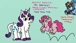 Size: 960x540 | Tagged: safe, artist:bringina, character:pinkie pie, character:rainbow dash, character:rarity, species:classical unicorn, species:earth pony, species:pegasus, species:pony, comic:ohworm, ship:raripie, g4, >:3, bouncing, camera, chest fluff, cloven hooves, dialogue, ear fluff, freckles, goggles, goggles on head, hopping, leg fluff, leonine tail, multicolored hooves, pronking, scar, shipping