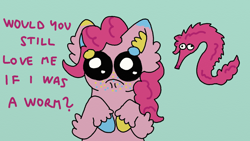 Size: 960x540 | Tagged: safe, artist:bringina, character:pinkie pie, character:rarity, species:earth pony, species:pony, comic:ohworm, ship:raripie, g4, coat markings, ear fluff, freckles, leg fluff, multicolored hooves, pleading eyes, shipping, solo, worm, worm on a string, would you still love me if i was a worm