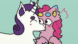 Size: 960x540 | Tagged: safe, artist:bringina, character:pinkie pie, character:rarity, species:classical unicorn, species:earth pony, species:pony, comic:ohworm, ship:raripie, blushing, chest fluff, cloven hooves, coat markings, ear fluff, freckles, kissing, leonine tail, multicolored hooves, shipping, shocked