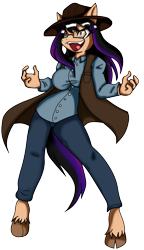 Size: 2542x4422 | Tagged: safe, artist:chaoscroc, oc, oc:fila brightspark, species:anthro, species:earth pony, species:pony, species:unguligrade anthro, clothing, crazy face, evil laugh, glasses, jacket, laughing, maniac, maniacal, maniacal laugh, pants, solo, vest