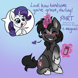 Size: 2000x2000 | Tagged: safe, artist:leopardsnaps, character:rarity, oc, oc:crystal nightshine, species:pony, species:unicorn, g4, black mane, blushing, canon x oc, clapping, colored hooves, duo, eyes closed, female, gradient background, gradient hooves, happy, hooves, hrt, magic, male, mare, offscreen character, rarinat, shipping, simple background, sitting, smiling, stallion, straight, transgender, unshorn fetlocks
