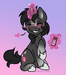 Size: 1523x1717 | Tagged: safe, artist:leopardsnaps, oc, oc only, oc:crystal nightshine, species:pony, species:unicorn, blushing, colored hooves, eyes closed, gradient background, gradient hooves, happy, hooves, hrt, magic, male, smiling, solo, stallion, transgender