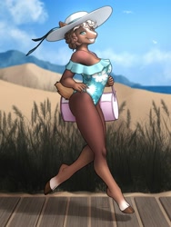 Size: 1500x2000 | Tagged: safe, artist:mykegreywolf, oc, oc:nacelle, species:anthro, species:sheep, species:unguligrade anthro, beach, clothing, commission, cute, duffle bag, female, hat, looking at you, ocbetes, one-piece swimsuit, outdoors, smiling, solo, swimsuit, tail