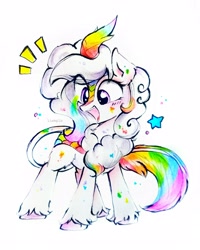 Size: 2366x2955 | Tagged: safe, artist:liaaqila, oc, oc:cloudy canvas, species:kirin, excited, female, happy, looking at you, multicolored hair, paint splatter, rainbow hair, simple background, solo, white background