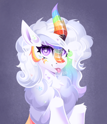 Size: 2148x2500 | Tagged: safe, artist:buvanybu, oc, oc:cloudy canvas, species:kirin, cute, female, multicolored hair, paint splatter, rainbow hair, silly, simple background, sitting, slate background, solo, tongue out