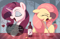 Size: 3335x2179 | Tagged: safe, artist:nookprint, character:fluttershy, character:rarity, species:pegasus, species:pony, species:unicorn, g4, alcohol, bottle, coughing, dialogue, disgusted, drink, duo, duo female, eyebrows, eyelashes, eyes closed, eyeshadow, female, females only, floppy ears, gagging, glass, glowing horn, horn, implied berry punch, levitation, magic, makeup, mare, open mouth, open smile, painfully innocent fluttershy, profile, raised hoof, red wine, smiling, speech bubble, spitting, telekinesis, text, three quarter view, wine, wine bottle, wine glass