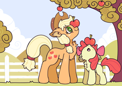 Size: 3508x2480 | Tagged: safe, artist:spookyfoxinc, character:apple bloom, character:applejack, species:earth pony, species:pony, g4, adorabloom, apple, apple bloom's bow, apple eyes, apple family member, apple sisters, apple tree, applejack's hat, balancing, bow, cheek fluff, chest fluff, clothing, cowboy hat, cute, duo, duo female, ear fluff, female, filly, floppy ears, food, freckles, hair bow, hat, high res, jackabetes, mare, open mouth, outdoors, ponies balancing stuff on their nose, siblings, sisters, smiling, stetson, sweet apple acres, tree, wingding eyes, young