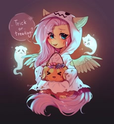 Size: 1884x2048 | Tagged: safe, artist:tyutya_loh123, character:fluttershy, species:pegasus, species:pony, g4, candy, clothing, costume, cute, eye clipping through hair, eyebrows, female, flutterghost, food, ghost, ghost costume, halloween, halloween costume, holiday, looking at you, mare, open mouth, pumpkin, pumpkin bucket, shyabetes, signature, sitting, solo, sparkles, speech bubble, spread wings, trick or treat, wings