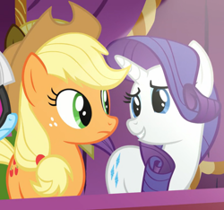 Size: 882x825 | Tagged: safe, screencap, character:applejack, character:photo finish, character:rarity, episode:honest apple, g4, my little pony: friendship is magic, apple family member, duo, looking at each other, looking at someone, shipping fuel, smiling