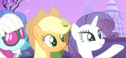 Size: 887x410 | Tagged: safe, screencap, character:applejack, character:photo finish, character:rarity, species:pony, species:unicorn, episode:honest apple, g4, my little pony: friendship is magic, apple family member, clothing, cowboy hat, earthpony, fashion show, glasses, happy, hat, raised hoof, trio