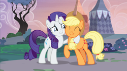 Size: 1600x900 | Tagged: safe, screencap, character:applejack, character:rarity, species:earth pony, species:pony, species:unicorn, episode:honest apple, g4, my little pony: friendship is magic, apple family member, duo, eyes closed, happy, hug, shipping fuel, smiling