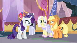 Size: 1600x900 | Tagged: safe, screencap, character:applejack, character:lily lace, character:rarity, species:pony, species:unicorn, episode:honest apple, g4, my little pony: friendship is magic, apple family member, clothing, cowboy hat, dress, earthpony, hat, looking at each other, looking at someone, worried