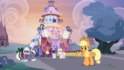 Size: 1600x900 | Tagged: safe, screencap, character:applejack, character:hoity toity, character:inky rose, character:lily lace, character:photo finish, species:earth pony, species:pegasus, species:pony, species:unicorn, episode:honest apple, g4, my little pony: friendship is magic, apple family member, carousel boutique, clothing, cowboy hat, dress, glasses, hat, looking at you