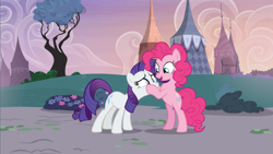 Size: 1600x900 | Tagged: safe, screencap, character:pinkie pie, character:rarity, species:earth pony, species:pony, species:unicorn, episode:honest apple, g4, my little pony: friendship is magic, concerned, duo, face smoosh, happy, looking at each other, looking at someone, shipping fuel, squishy cheeks