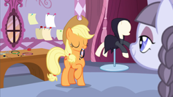 Size: 1600x900 | Tagged: safe, screencap, character:applejack, character:inky rose, species:earth pony, species:pony, episode:honest apple, g4, my little pony: friendship is magic, apple family member, carousel boutique, choker, duo, emo, eyeshadow, goth, jewelry, makeup, necklace